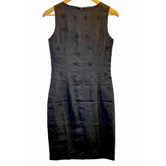 British Khaki Dress Size 4 Black 100% Linen V Neck Lined Knee Length Sheath - Picture 2 of 11